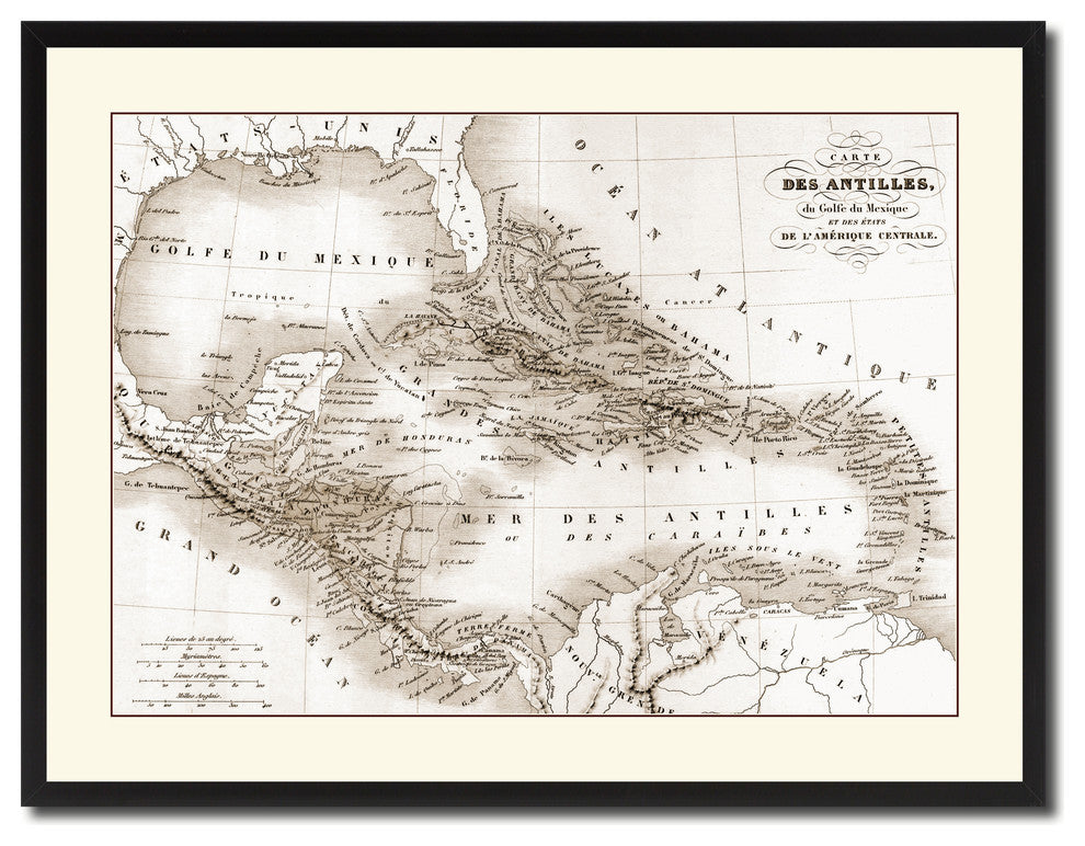 West Indies Caribbean Vintage Sepia Map Canvas Print, 28"x37"