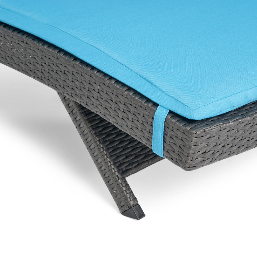GDF Studio Nassau Outdoor Gray Wicker Adjustable Chaise Lounge, Blue Cushion