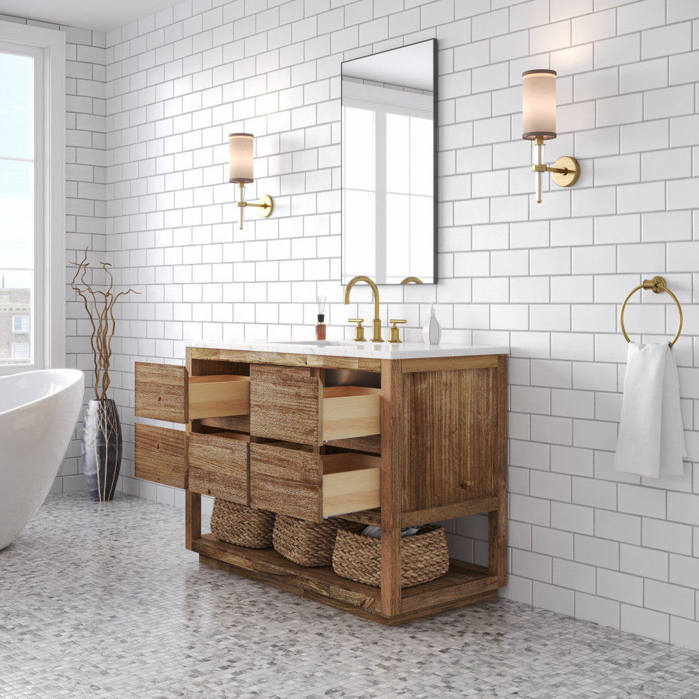 Oakman Marble Top Vanity in Mango Wood with Faucet, 48, Vanity With Satin Gold Faucet