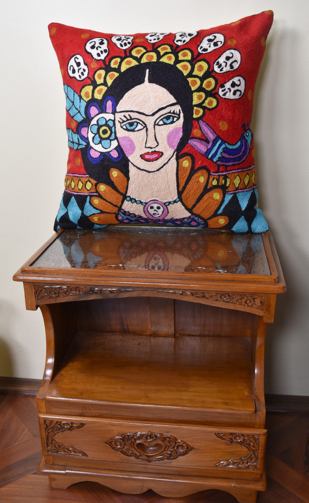 Frida Kahlo Inspired Pillow Cover Red Tiara Hand Embroidered Wool 18x18