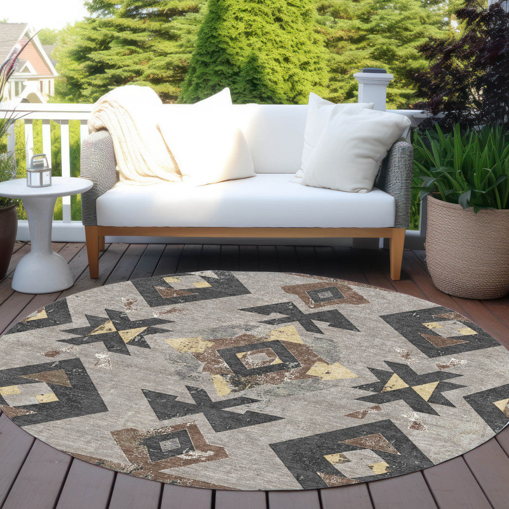 Machine Washable Indoor/Outdoor Chantille ACN1882 Taupe 8' x 8' Round Rug