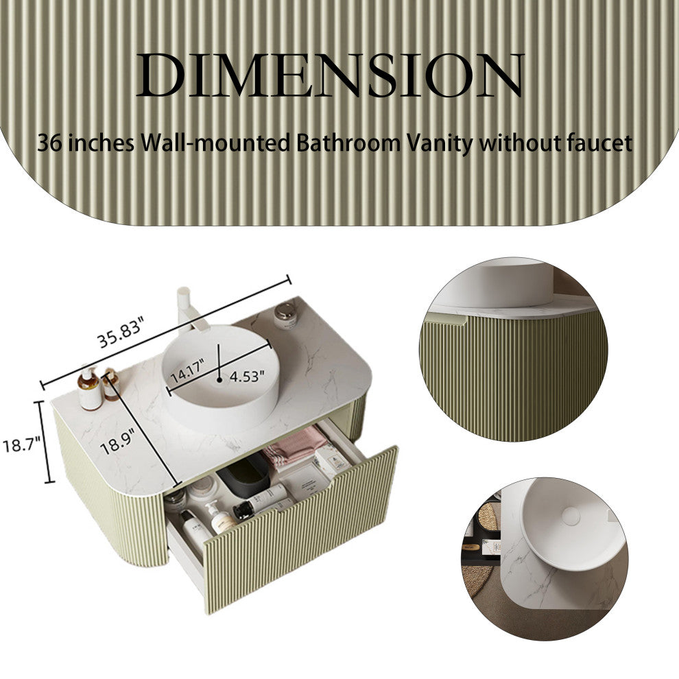Wall-Mounted Bathroom Vanity With White Round Ceramic Basin, Light Green, 36"