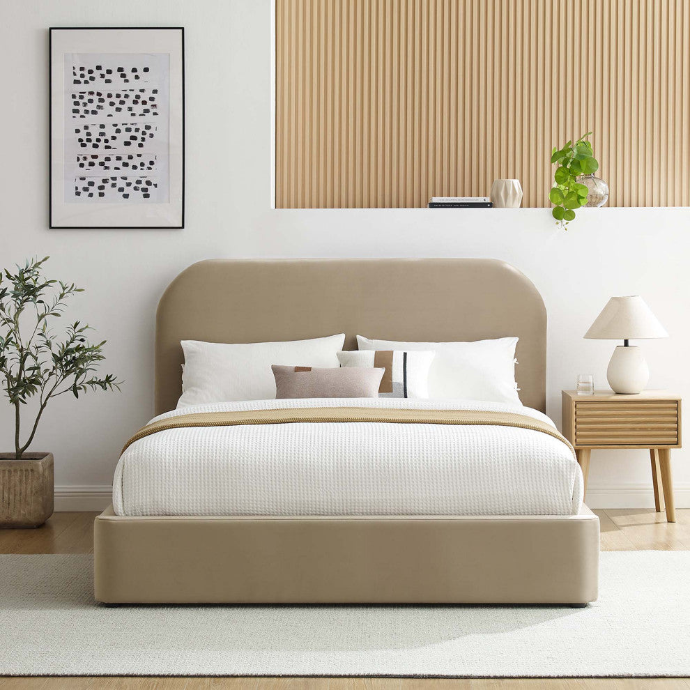 Keynote Performance Velvet Curved Queen Platform Bed, Taupe