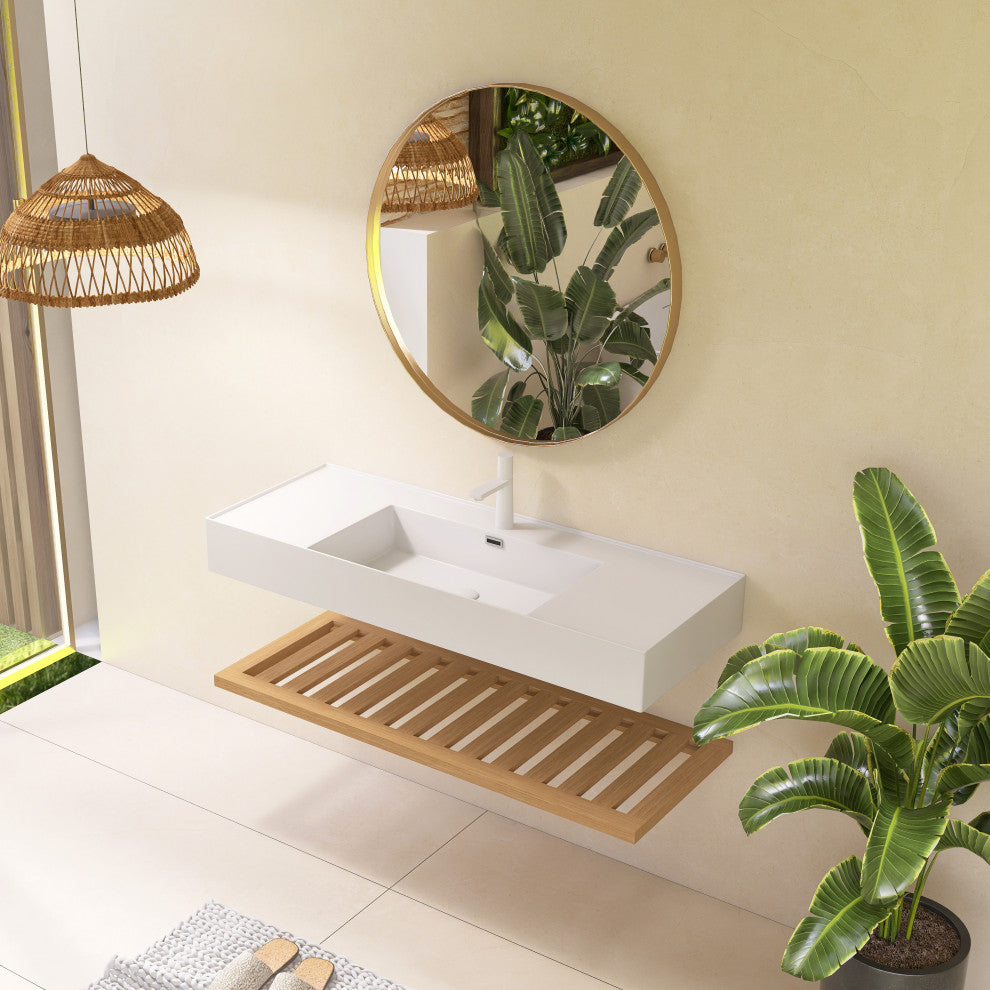 Wall-Mounted Bathroom Vanity With White Rectangular Acrylic Integrated Basin, 48"
