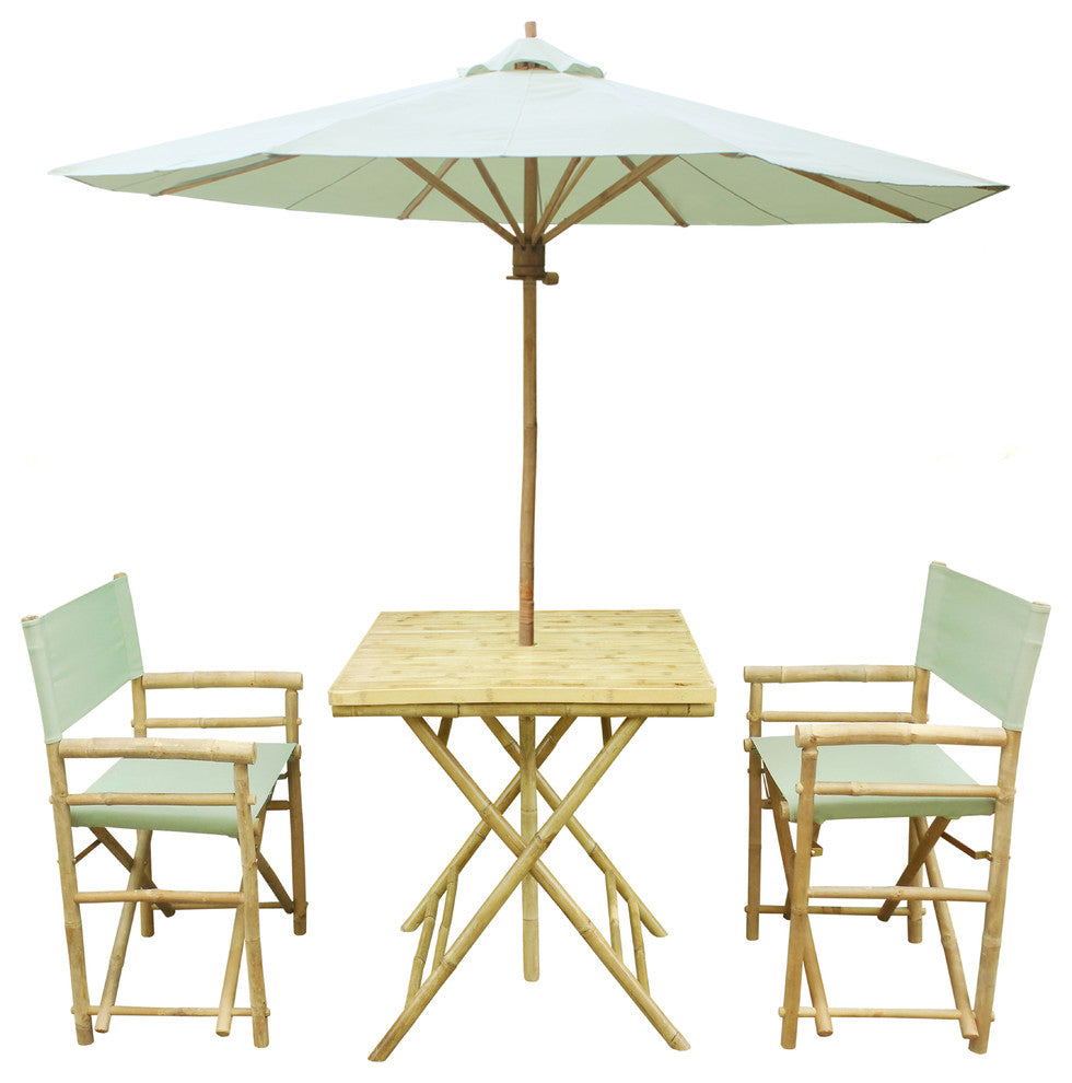 Set of Bamboo Square Table, 2 Director Chair, 1 Umbrealla, Celadon