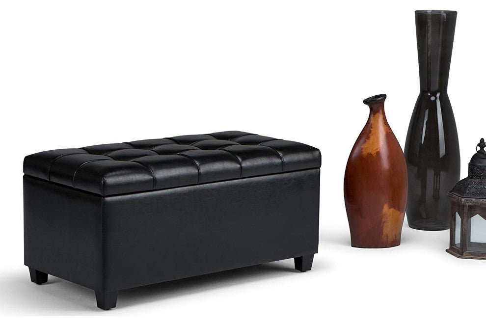 Rectangle Lift Top Storage Ottoman Bench in Midnight Black Tufted Faux Leather