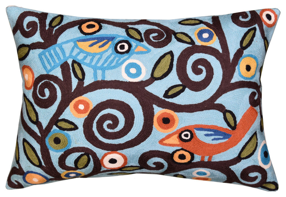 Lumbar Blue Tree Of Life Pillow Cover Birds Accent Pillows Handmade Wool 14x20"