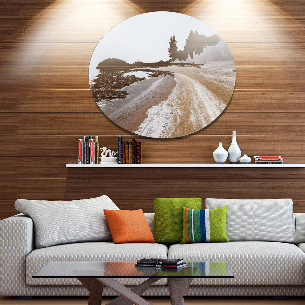 Sandy Beach In The Winter Fog, Modern Seashore Round Wall Art, 23"