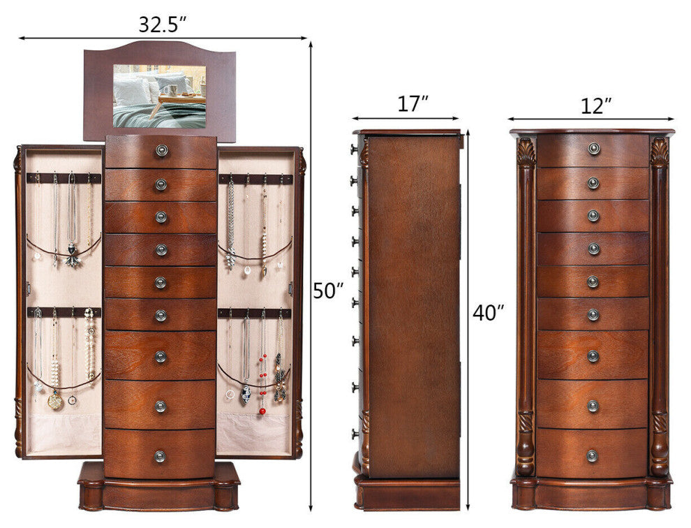 Costway Wood Jewelry Cabinet Armoire Box Storage Chest Stand Organizer Necklace