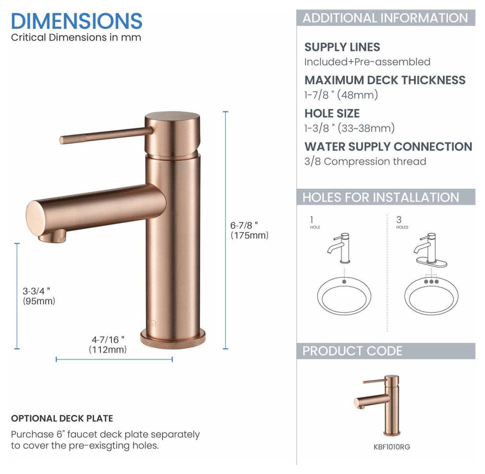 Circular X Brass Single Hole Bathroom Faucet KBF1010, Rose Gold, Without Drain