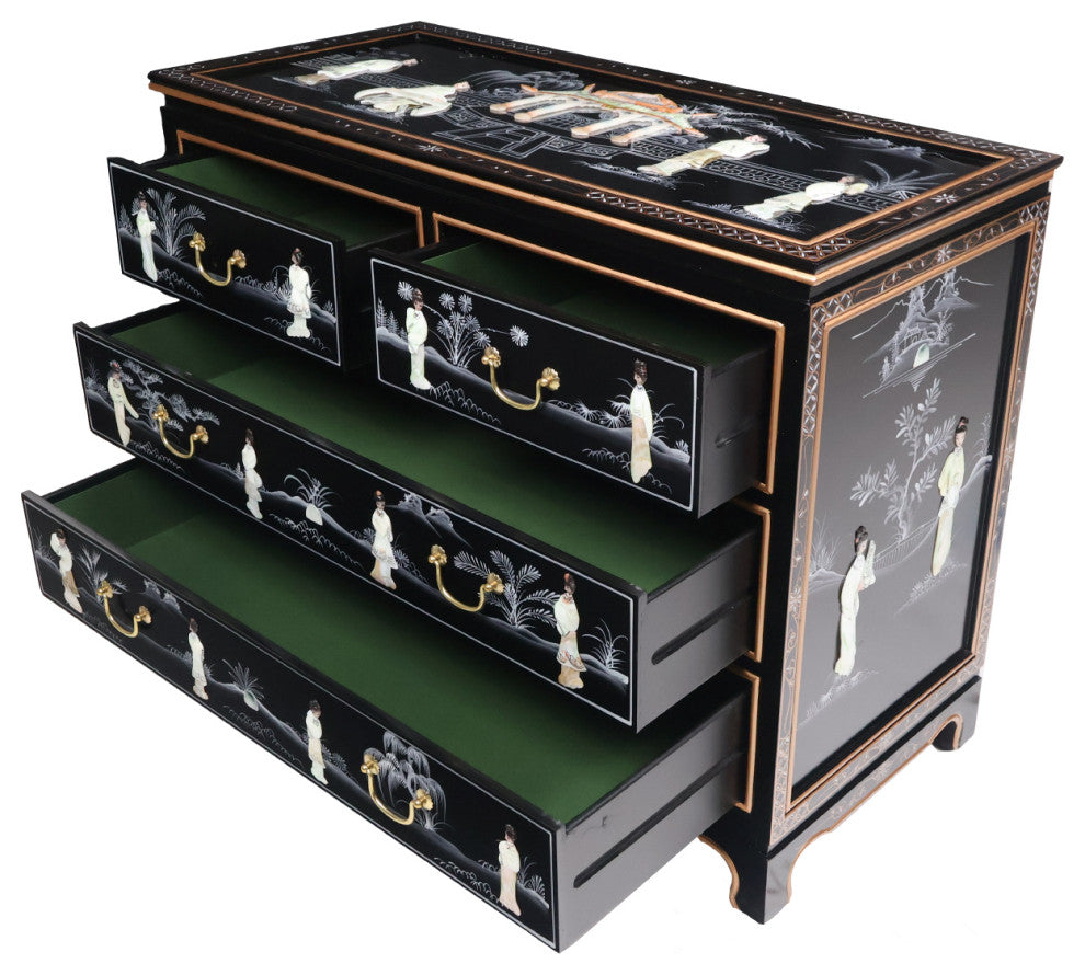 Shiny Black and Pearl Inlaid Oriental Dresser With 4 Drawers