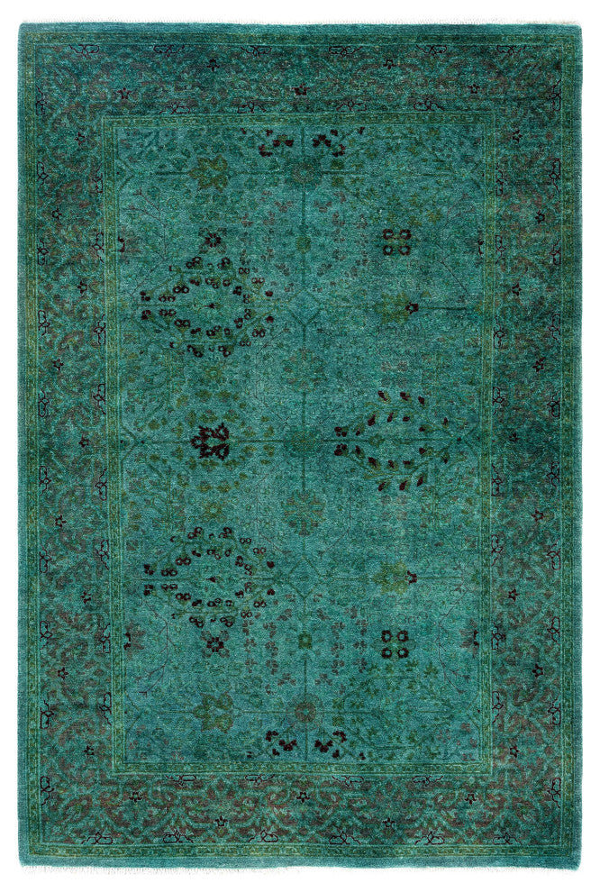 Overdyed One-of-a-Kind Hand-Knotted Area Rug Green, 4' 2" x 6' 3"