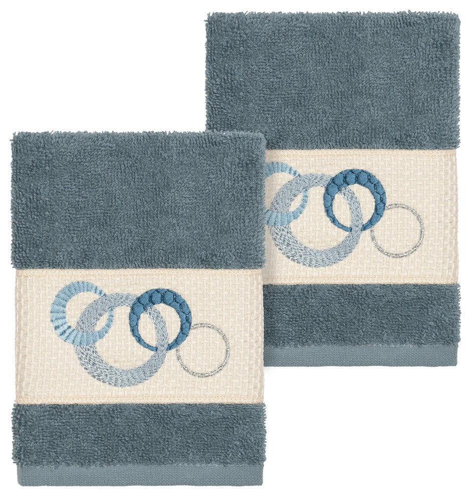 Linum Home Textiles Annabelle Embellished, Teal, Washcloth, 2-Piece Set
