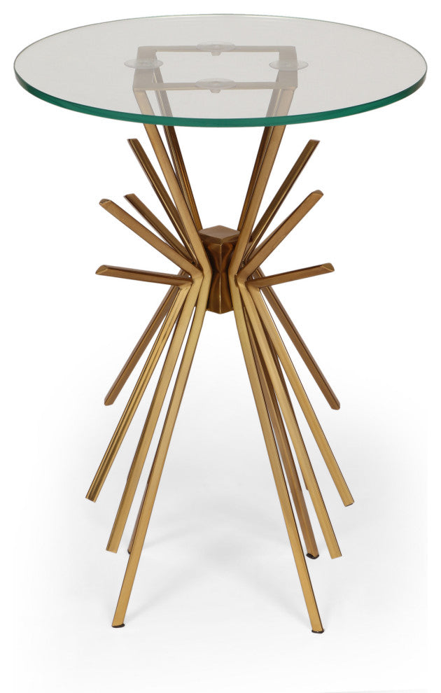 Nathan Modern Glam Handcrafted Sunburst Accent Table with Tempered Glass Top, Gold