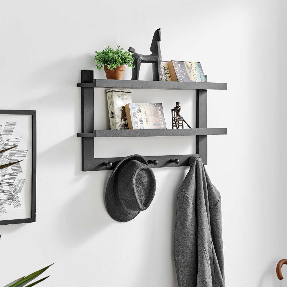 Danya B 2-Tier Ledge Wall Shelf Organizer with Five Hanging Coat or Towel Hooks, Black