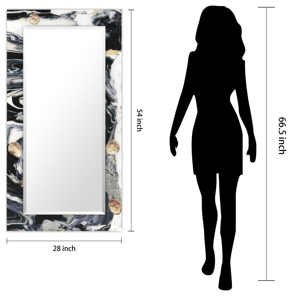 "Ebony and Ivory" Beveled Mirror on Printed Abstarct Tempered Art Glass, 54x28"