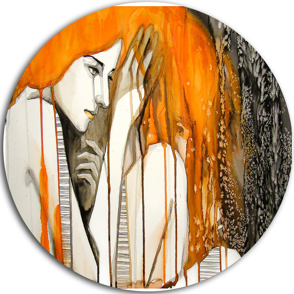 Thoughtful Girl Illustration, Portrait Disc Metal Artwork, 23"
