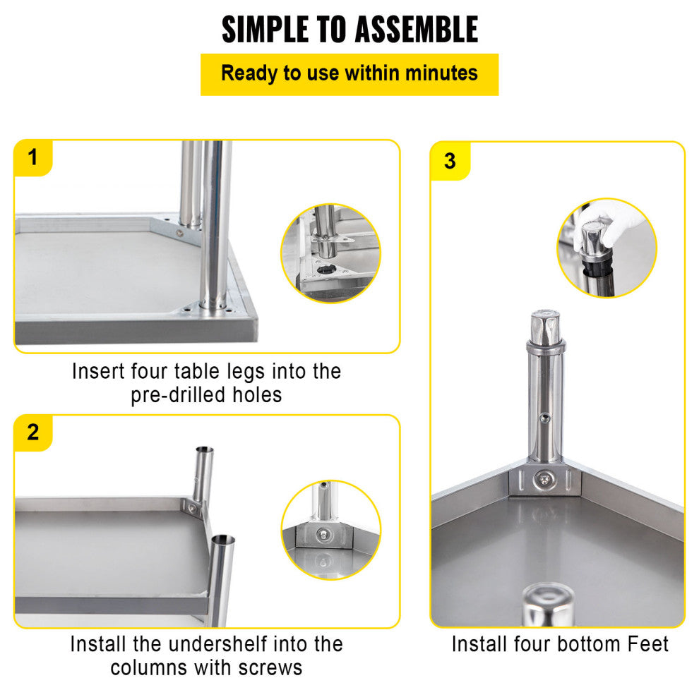 Stainless Steel Prep Table Heavy Duty Metal Worktable w/ Backsplash Undershelf, 30x24x35 Inch