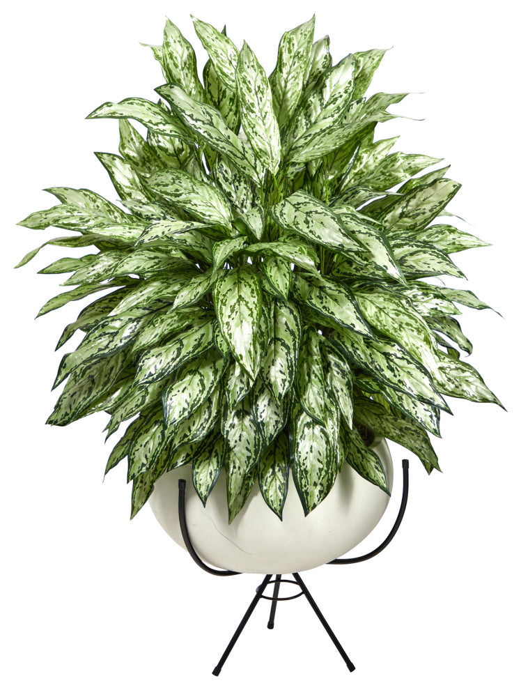 4' Silver Queen Artificial Plant, White Planter With Metal Stand