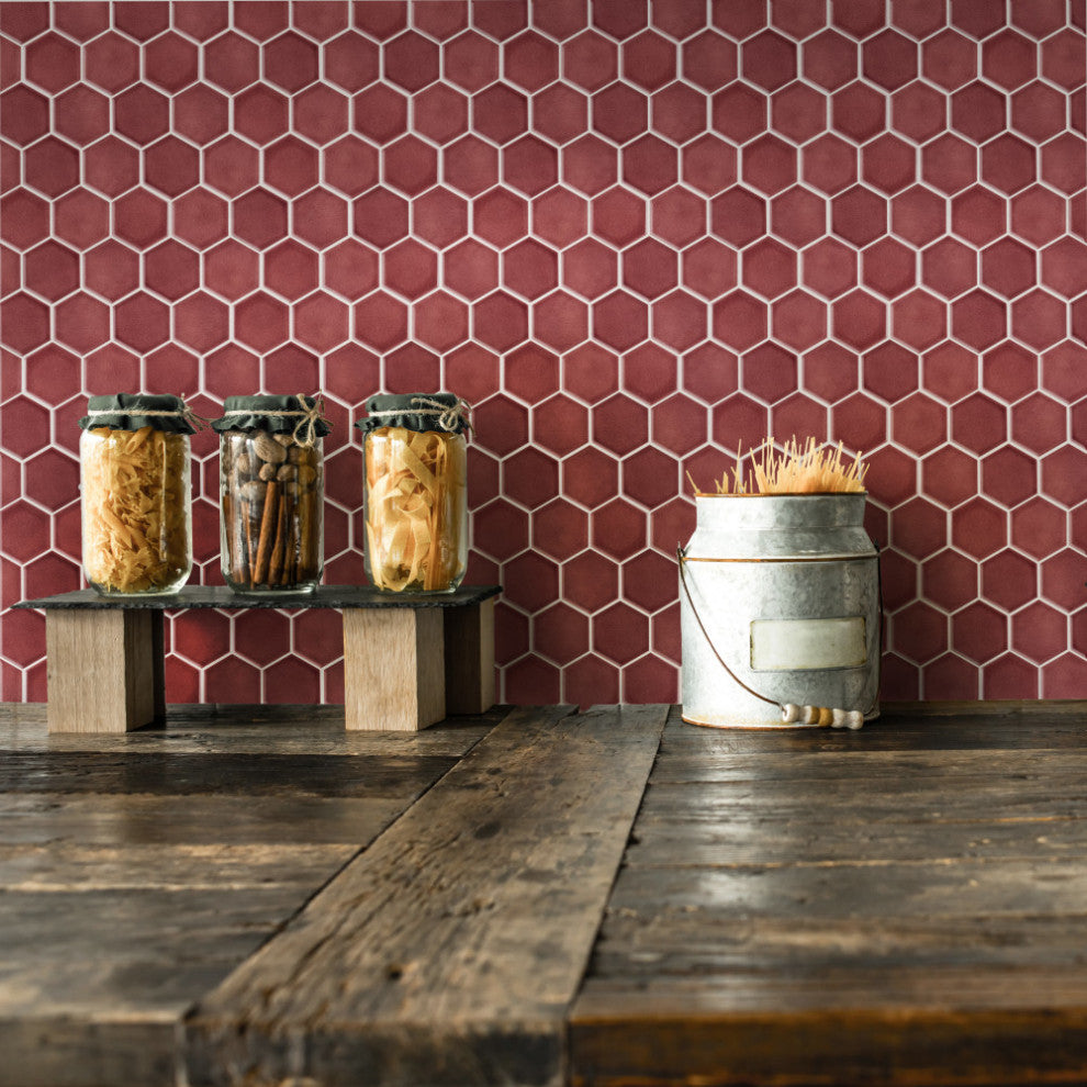 Tribeca 2" Hex Porcelain Mosaic Floor and Wall Tile, Glossy Rusty Red