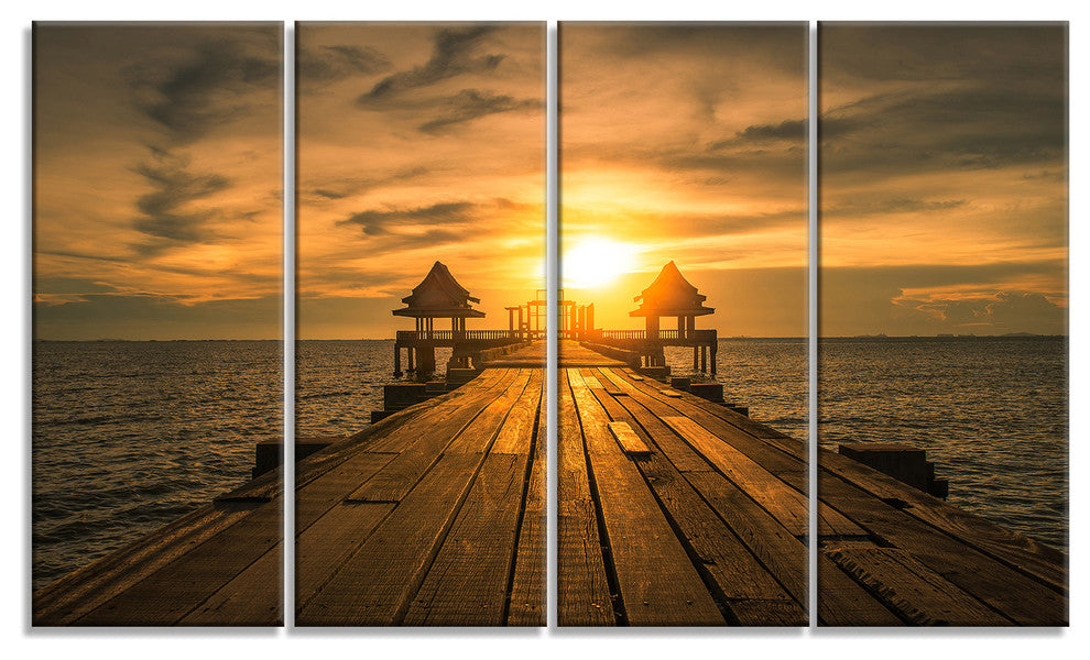 "Huge Wooden Bridge To Illuminated Sky" Sea Pier Wall Art, 4 Panels, 48"x28"