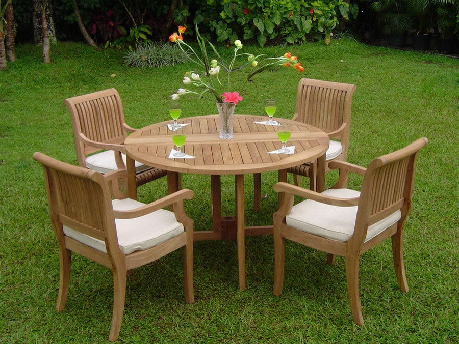 5-Piece Outdoor Patio Teak Dining Set, 48" Butterfly Table, 4 Arm Chairs