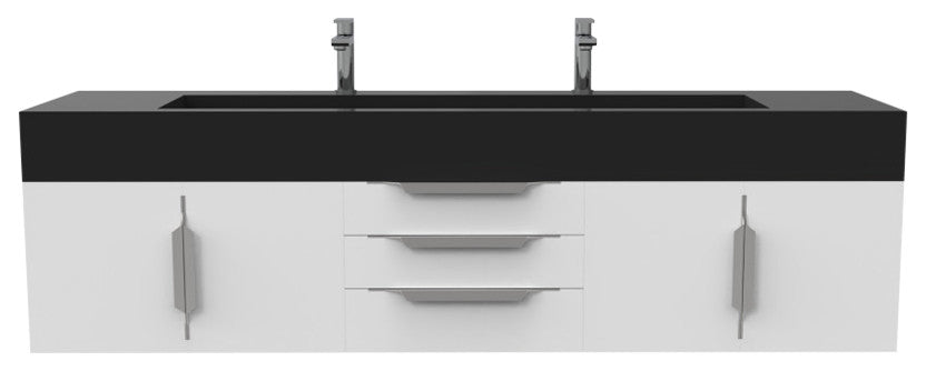 CastelloUSA Nile 72" Wall Mounted Bathroom Vanity Set, White, Black Top, Chrome Handles