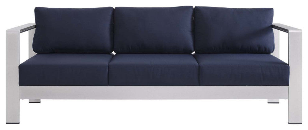 Shore Sunbrella Fabric Aluminum Outdoor Patio Sofa Silver Navy
