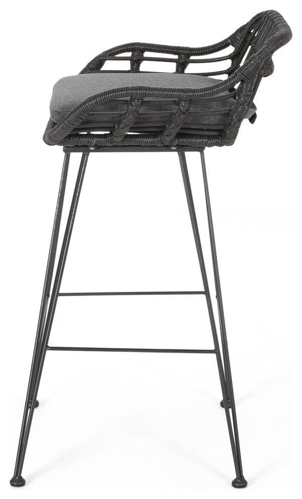 Lisa Outdoor Wicker Barstools with Cushions, Set of 2, Gray, Black, Dark Gray