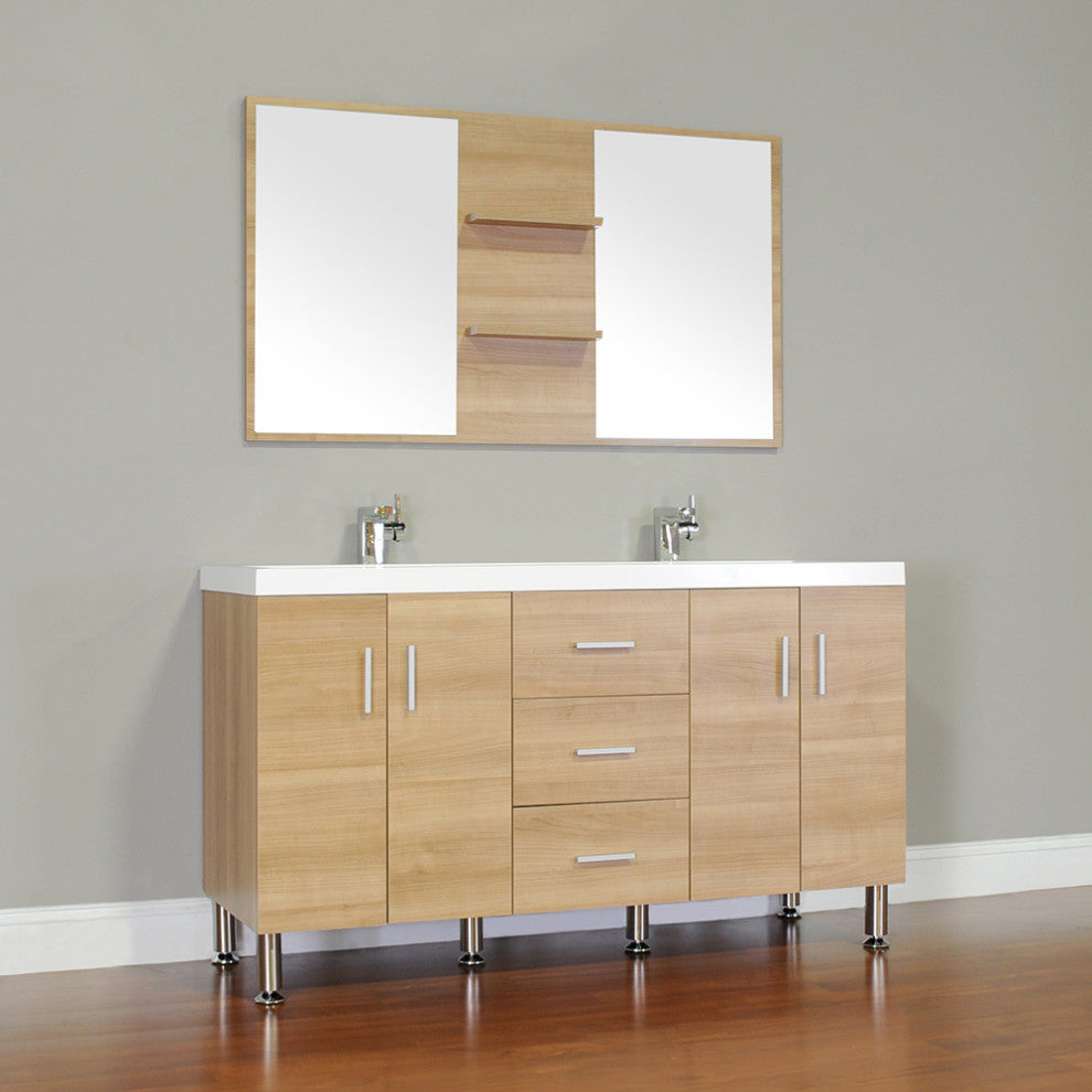 56 Inch Double Modern Bathroom Vanity Wavy Sink In Light Oak Without Mirror