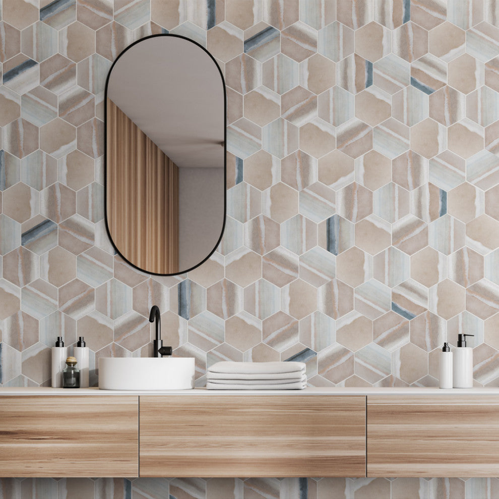 Matter Hex Canvas Taupe Blue Porcelain Floor and Wall Tile