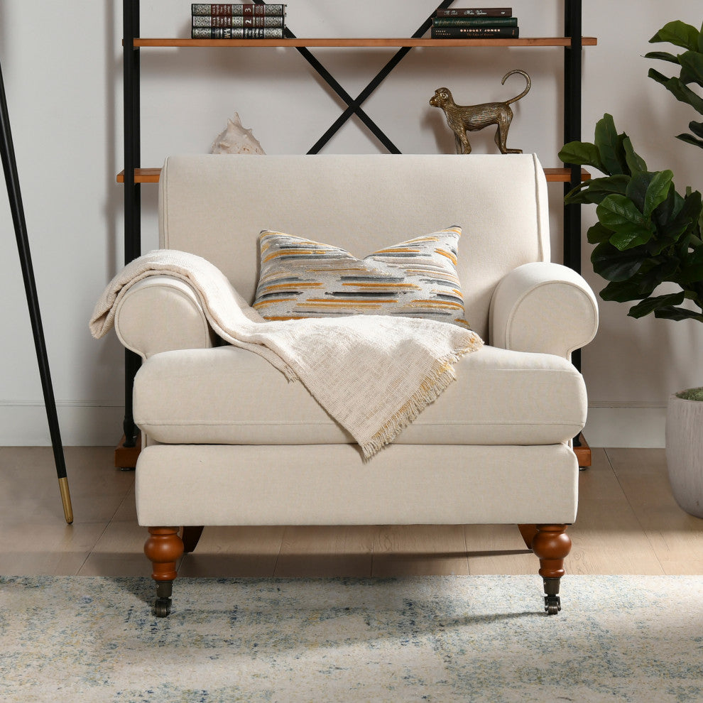 Alana 38" Lawson Accent Arm Chair, Metal Casters, Sky Neutral Beige Polyester