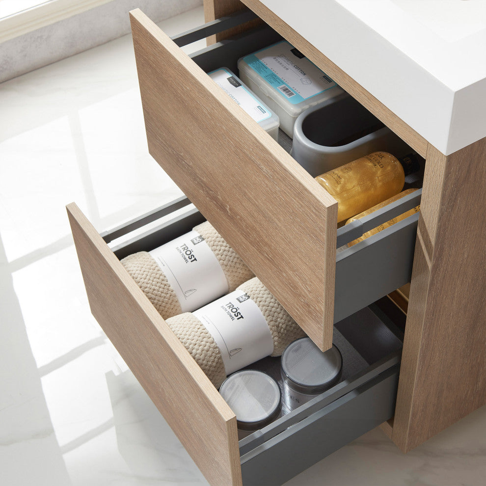 Huesca Bath Vanity, Integrated Sink Top, North American Oak, 24", Without Mirror