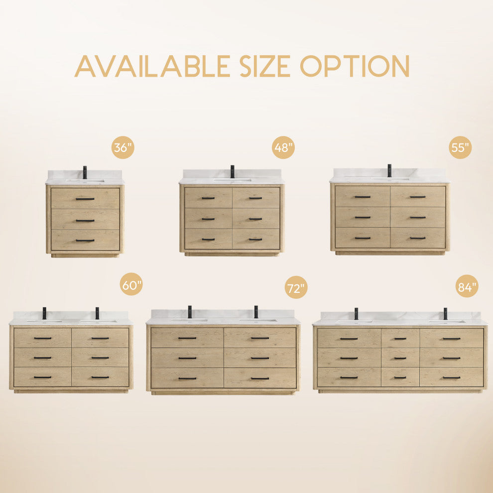 Porto Bath Vanity with White Quartz Stone Top, Natural Oak, 60 in., No Mirror