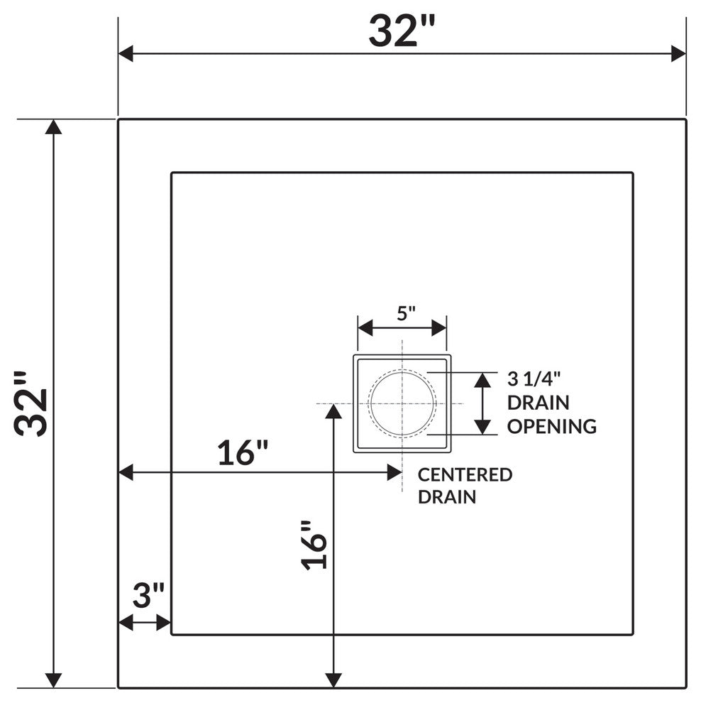 LessCare 32"x32" Right Double Threshold Shower Pan Base Wall Corner Center Drain