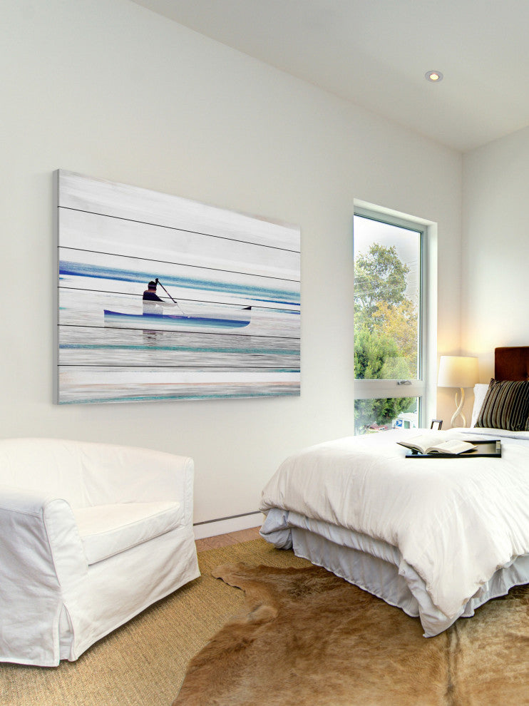 "Canoe on Calm Lake" Print on White Wood, 36"x24"