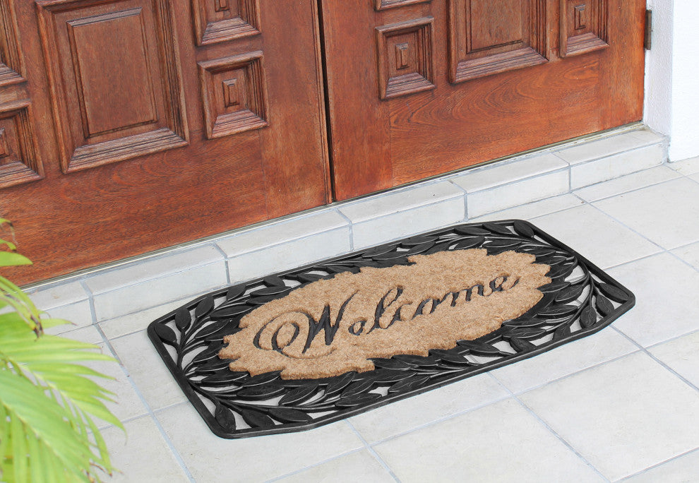 A1HC Welcome Stylish Leaf Border Rubber and Coir Outdoor Doormat, 23"x38", Black