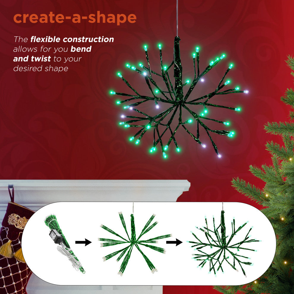 10"H Indoor Christmas Twig 3D Hanging Snowflake Ornament with LED Lights, Green