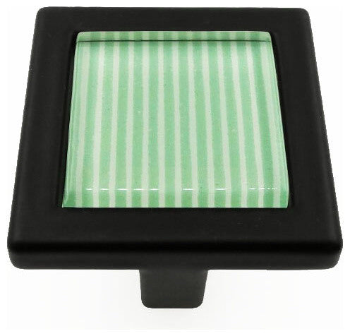 Green Stripes Crystal Glass Black Metal Square Manor Knob