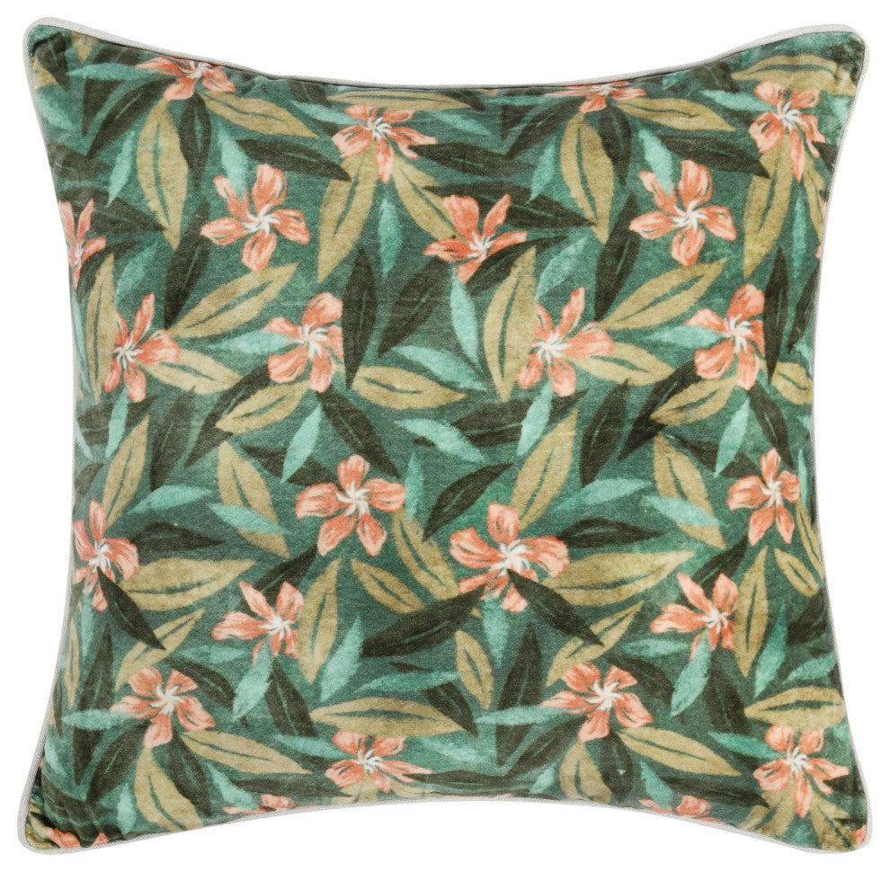 Lamia 22" Cotton Velvet Fabric Botanical Throw Pillow, Green