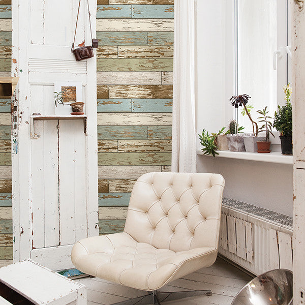 Weathered Wood Wallpaper, Muted Blue and Green, Bolt