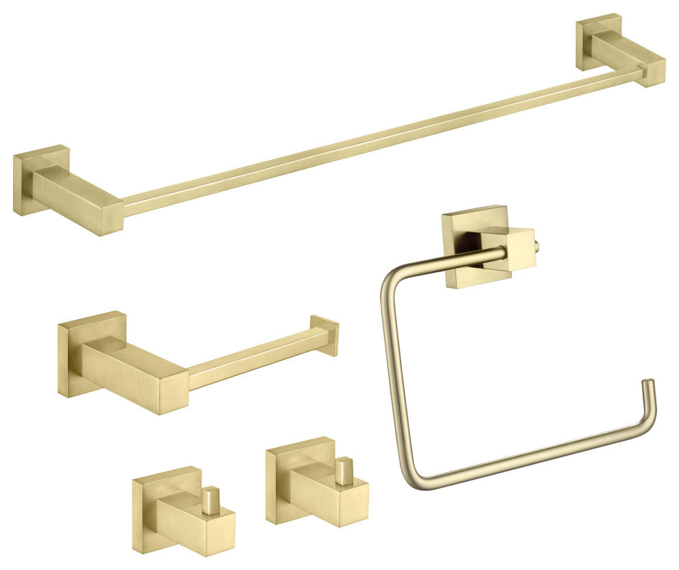 Cube 5-Piece Bathroom Hardware Set, Brushed Gold