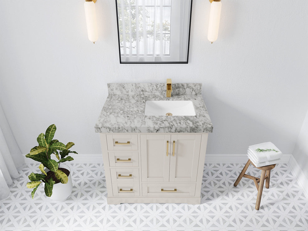 Boston 36" Right Offset Bath Vanity in Fine Grain 2" Carrara Marble