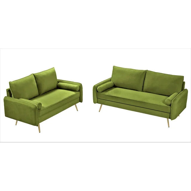 Modern Velvet Living Room Set: Sofa and Loveseat with Sleek Golden Legs, Olive Green