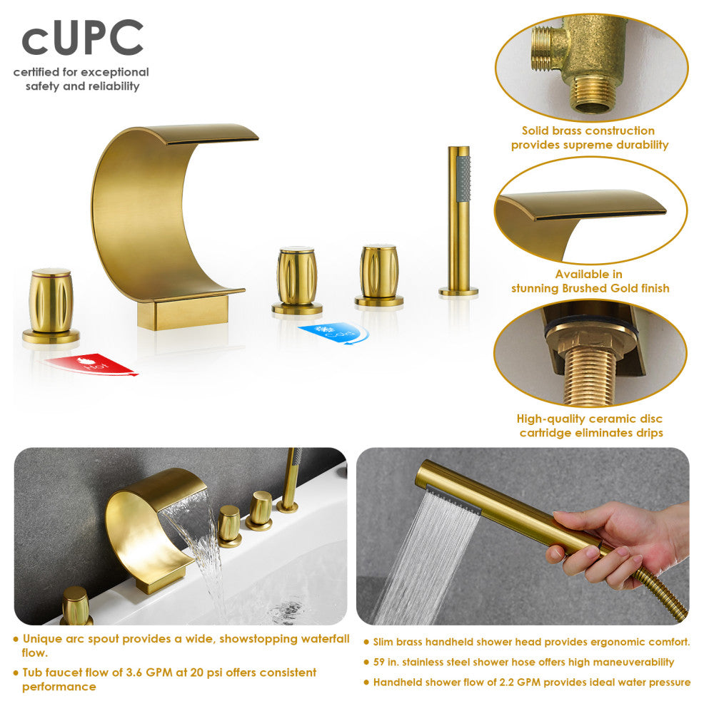 Recea Triple Handle Deck-Mount Roman Tub Faucet With Diverter and Handshower, Brushed Gold