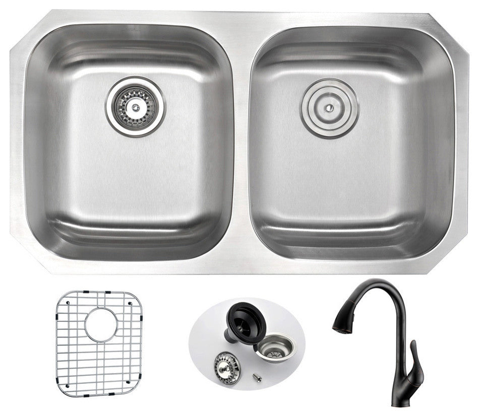 MOORE Undermount 32" Double Bowl Kitchen Sink,Accent Faucet,Oil Rubbed Bronze