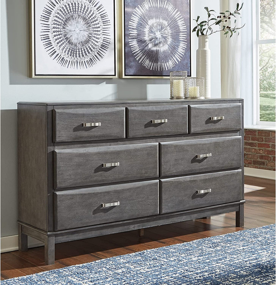 Contemporary Dresser, 7 Storage Drawers With Curved Pulls, Weathered Gray