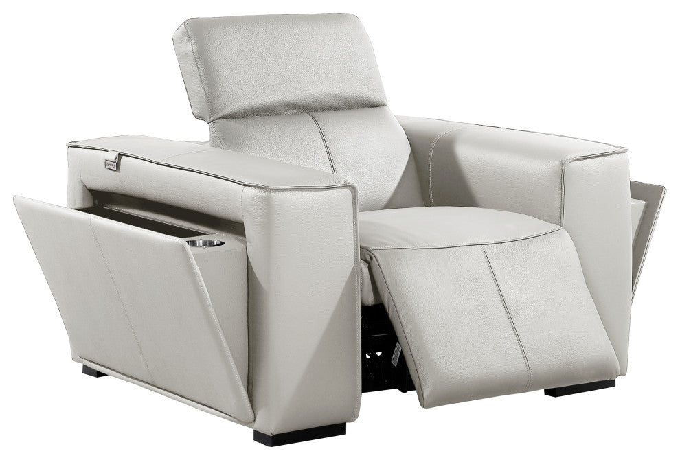 Niccolo Italian Leather Power Reclining Arm Chair With Headrests, Light Gray