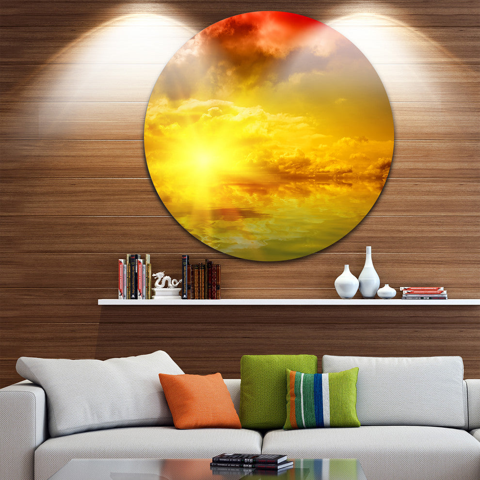 Red Dramatic Sky With Yellow Sun, Landscape Round Wall Art, 11"