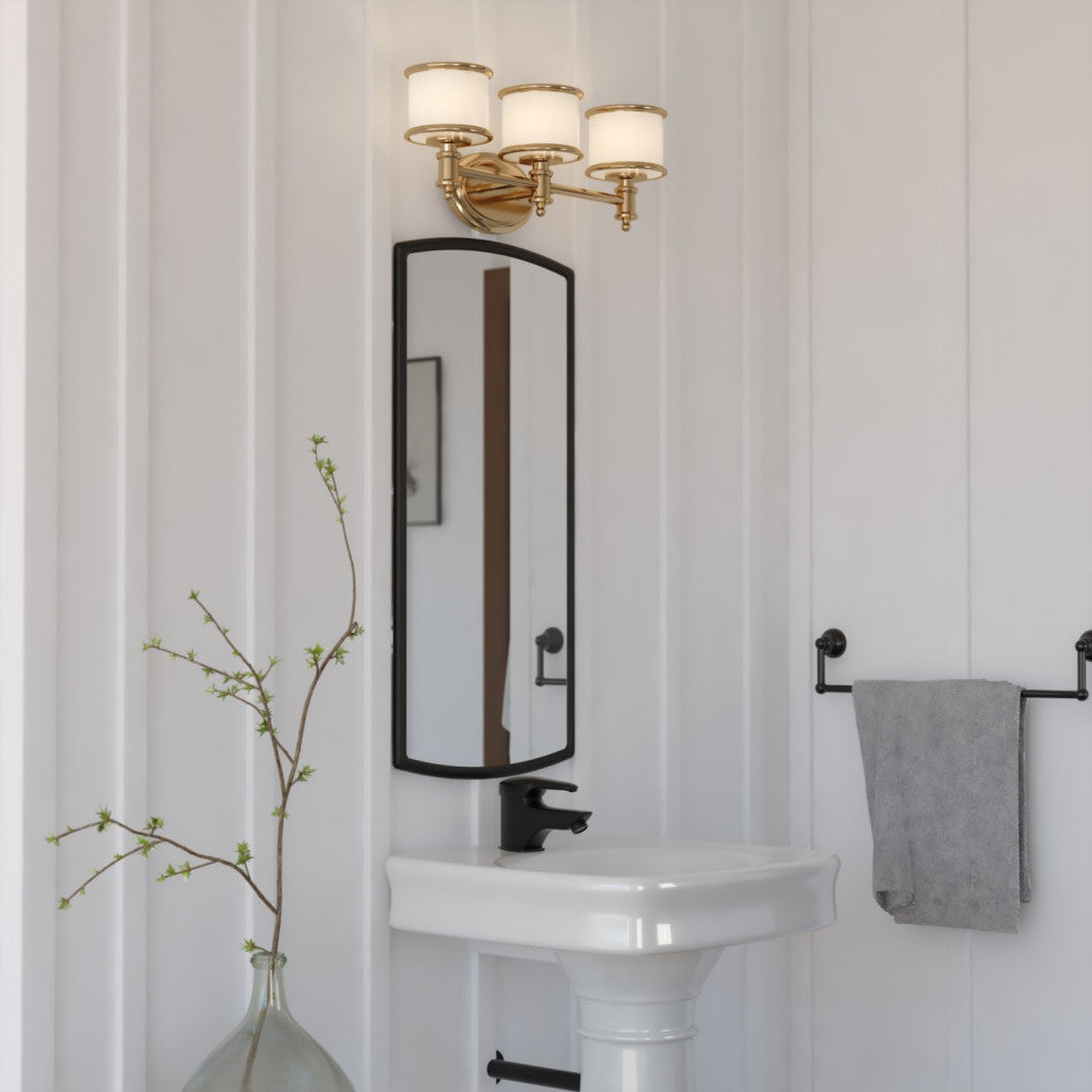 Carlisle Vanity Light, Natural Brass, White Frosted Opal Glass, 3-Light